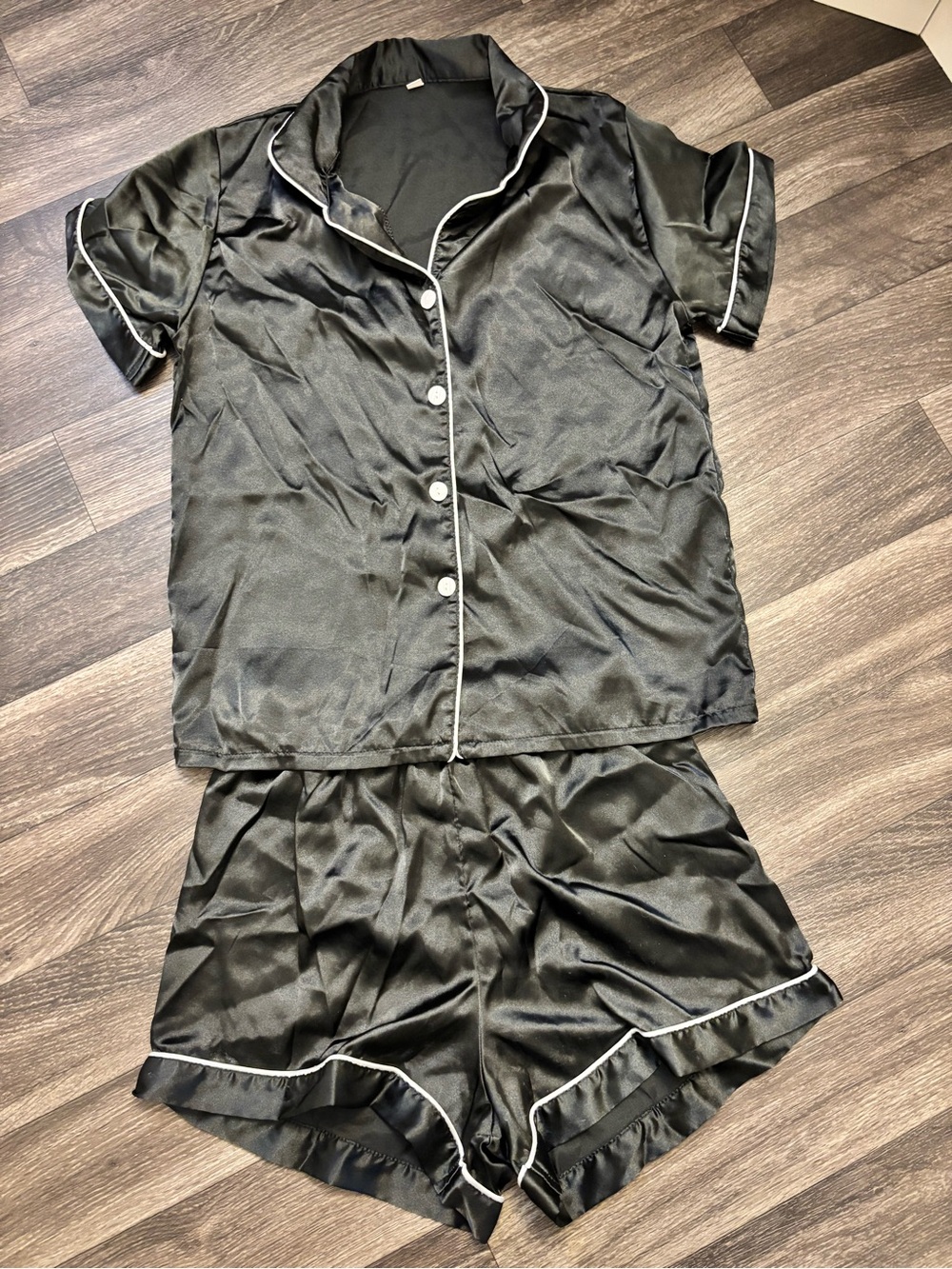 Black Satin Short Sleeve Button-Front Pajama Set with White Trim